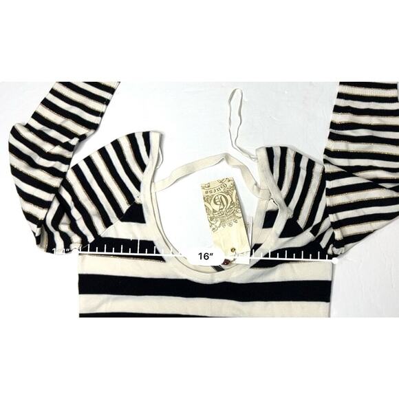 Guess Black White Metallic Gold Thread Scoop Neck Long Sweater LARGE Cottagecore - Picture 6 of 12
